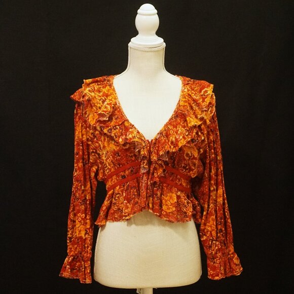 Free People Red Floral Cherry Combo Boho Cardigan Cropped Women’s Small - Picture 1 of 11